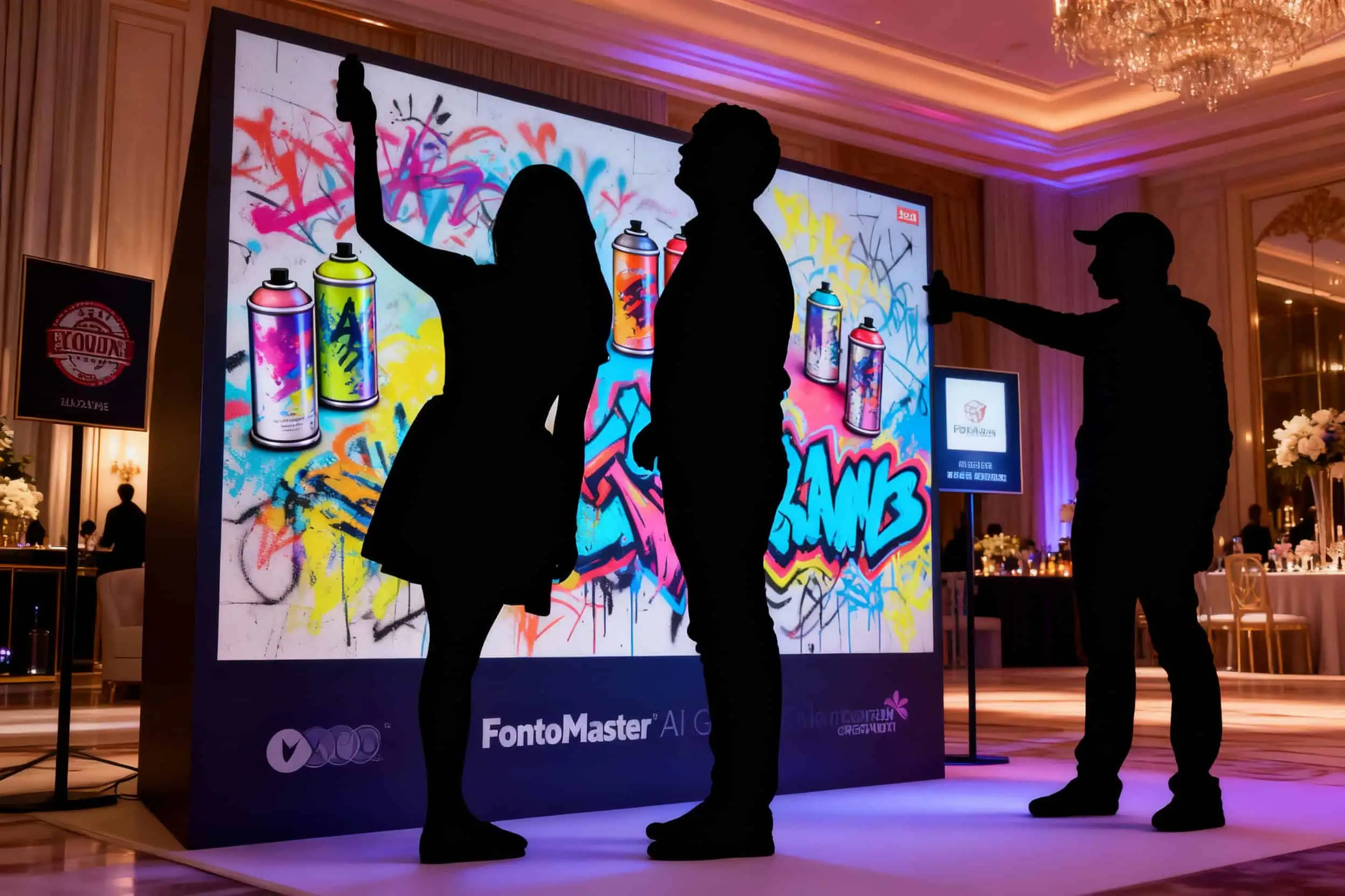 Guests interacting with the illuminated AI Graffiti Wall at a live event.