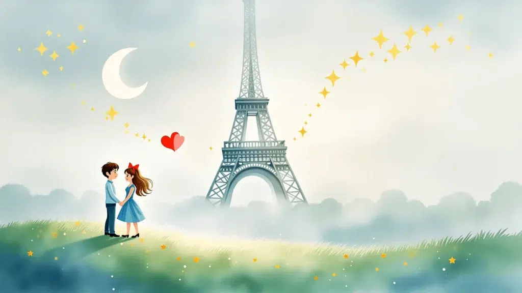 A romantic illustration of a couple holding hands near the Eiffel Tower, under a crescent moon and sparkling stars, with a red heart and dreamy misty background—perfect for adding to your event with graffiti wall hire for an unforgettable touch.