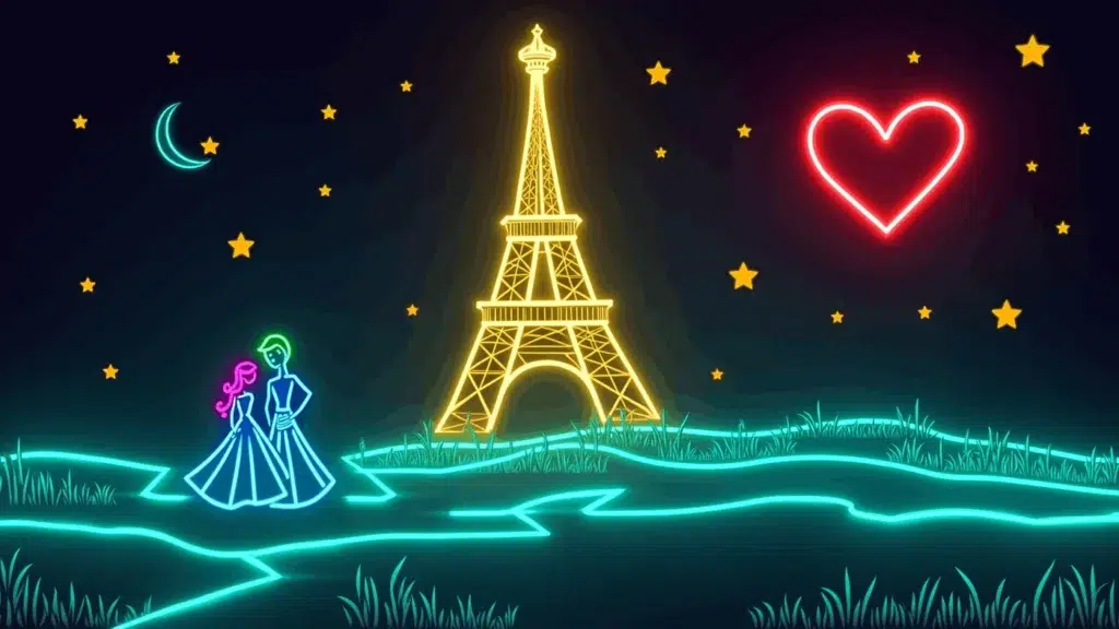 Neon-style illustration of a couple holding hands near the Eiffel Tower at night, with a glowing red heart, yellow stars, crescent moon, and grass in the foreground—perfect for corporate event experiential or sketch bot hire.