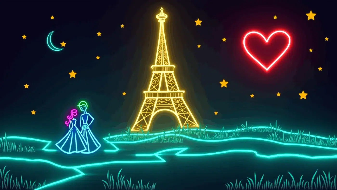 Neon cyberpunk AI artwork of a couple beside the illuminated Eiffel Tower at night.
