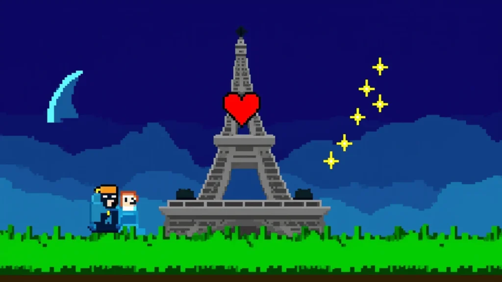 Two pixel art characters stand hand in hand near the Eiffel Tower at night, a red heart glowing on the tower. Yellow stars arc above green grass in the dark blue sky—a magical scene perfect for premium photo booth hire or draw me bot hire.