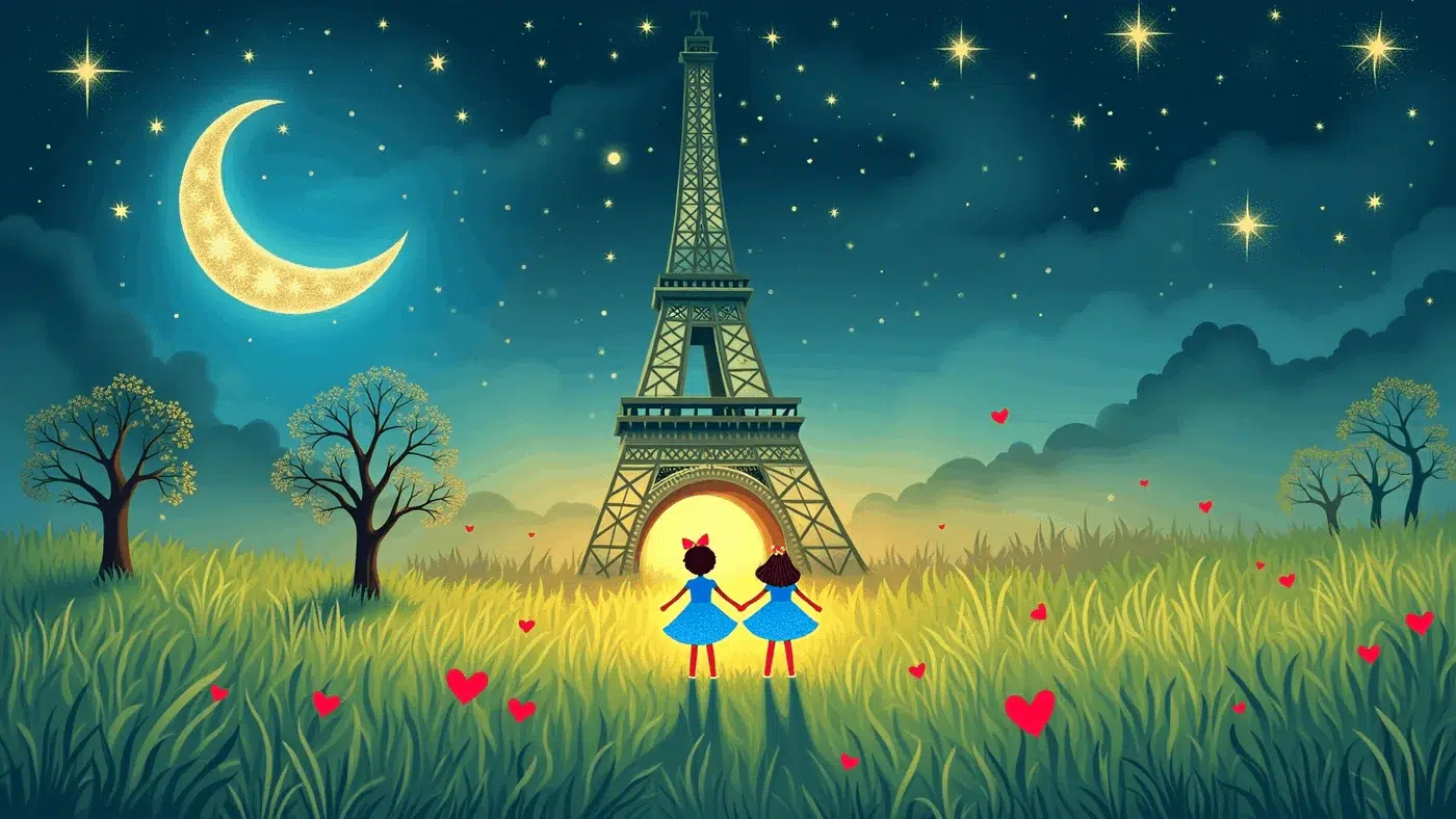 Fantasy storybook AI artwork of two people beside the Eiffel Tower beneath a star-filled sky.