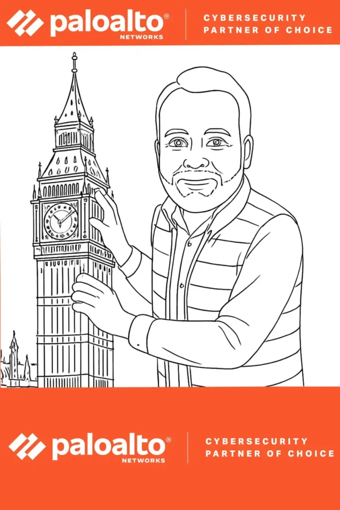 A smiling man stands next to London’s Big Ben, resting one hand on the clock. Above and below are orange banners with the Palo Alto Networks logo and the text "CYBERSECURITY PARTNER OF CHOICE," perfect for a corporate event experiential setting.