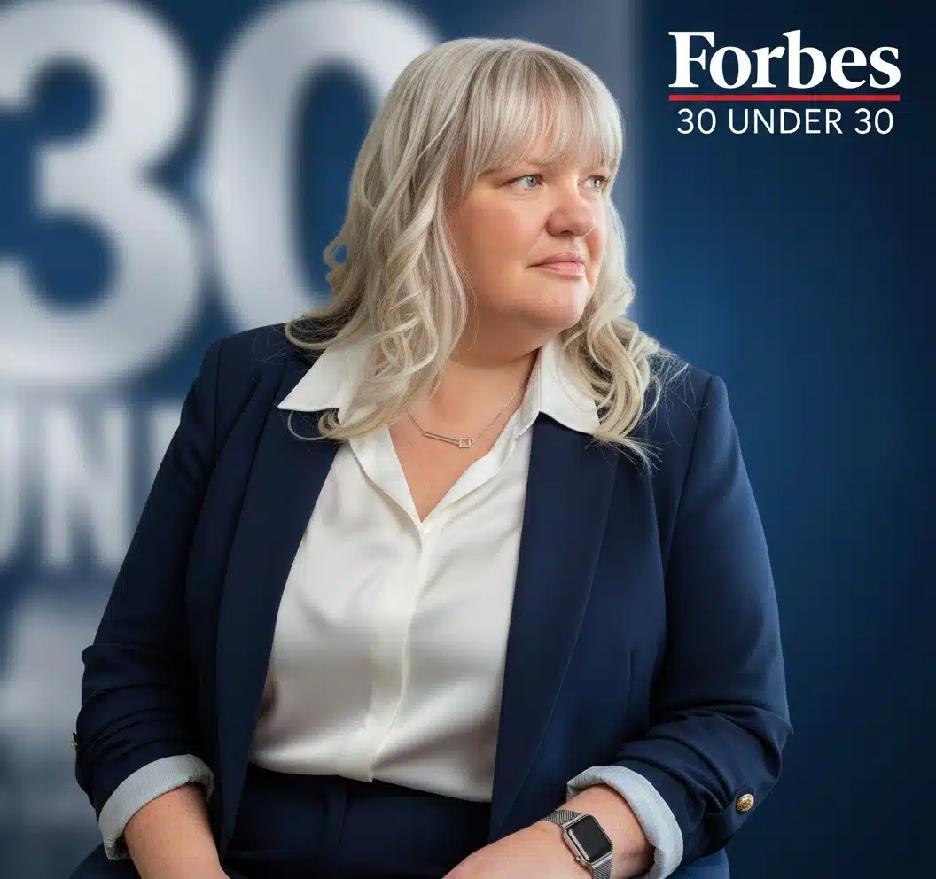 AI-generated professional portrait of a woman against a Forbes 30 Under 30 backdrop.