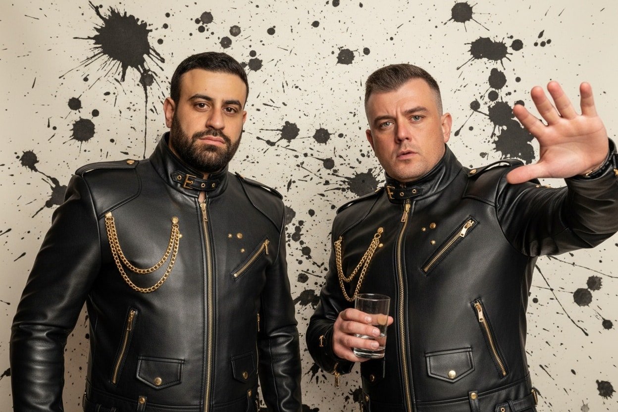 AI-transformed portrait of two guests in black leather jackets and gold chains.