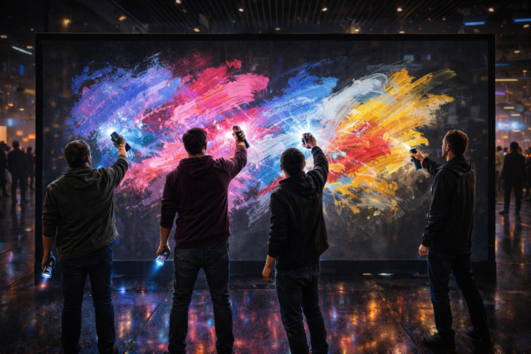 Four people stand in front of a large digital graffiti wall, using torches to create vivid, colourful streaks of red, blue, yellow, and white on the display in a dark, modern indoor setting.