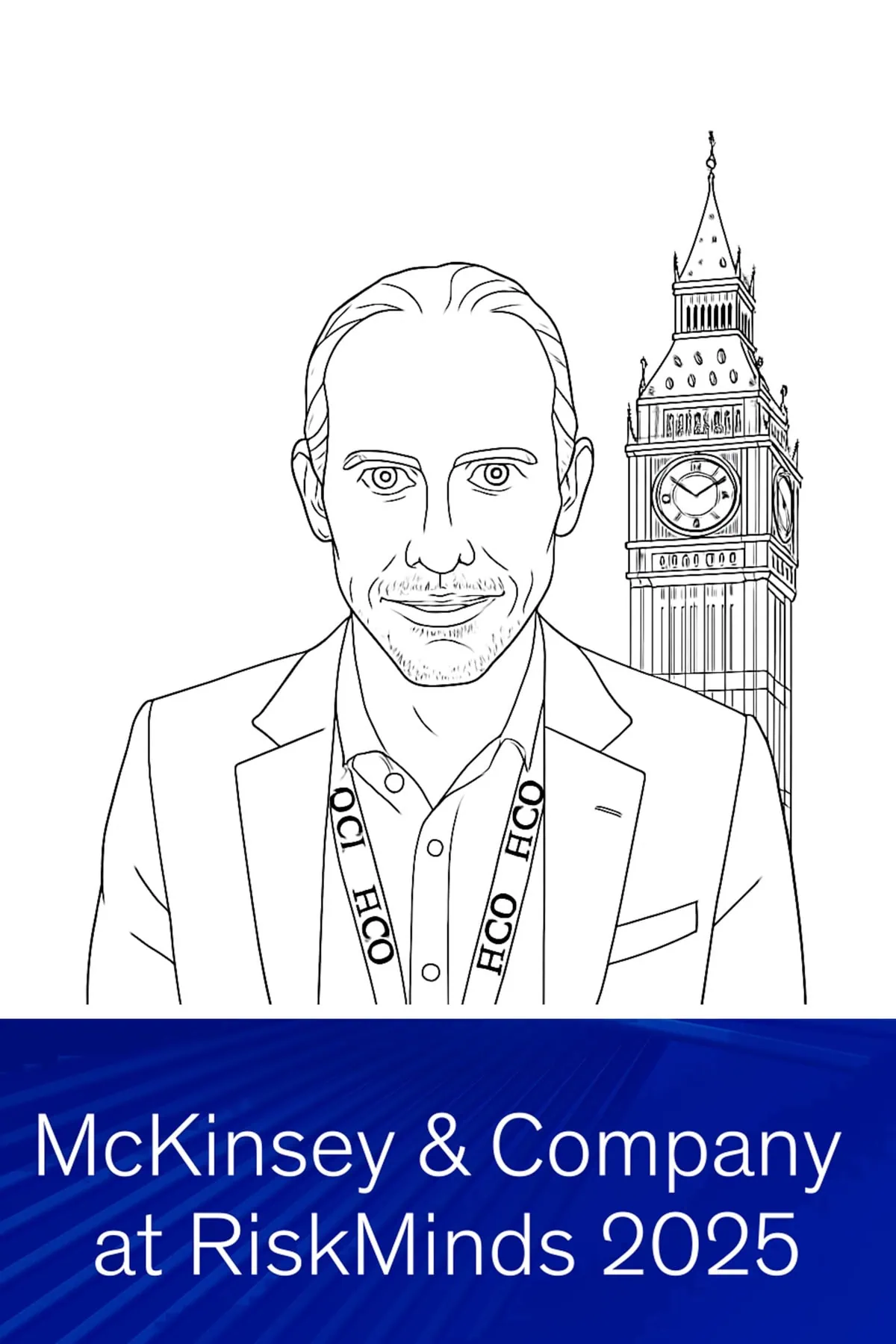 A sketch shows a man in a suit with a "McKinsey & Company" lanyard, Big Ben behind him, and the text "McKinsey & Company at RiskMinds 2025" below—perfect for promoting corporate event experiential services like draw me bot hire.
