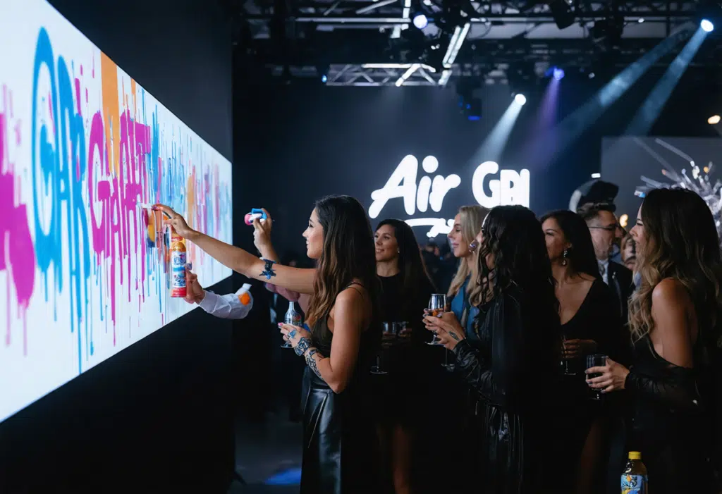 At a vibrant corporate event experiential, a group dressed in black watches as a woman spray paints colourful graffiti on a large white wall, with "Air GBR" illuminated in the background. Perfect setting for sketch bot hire or draw me bot hire.