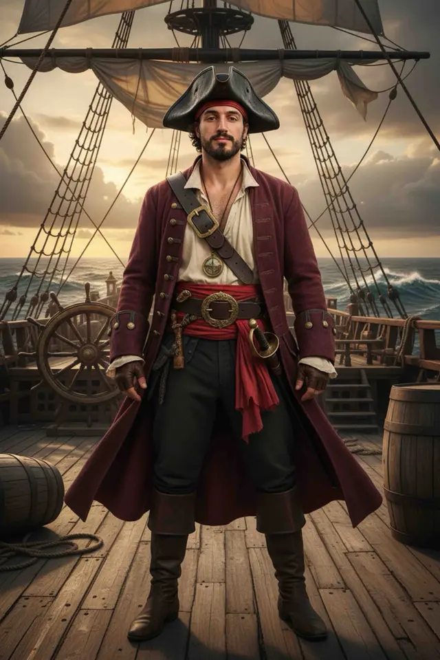 A man dressed as a pirate stands confidently on a wooden ship deck, wearing a tricorne hat and maroon coat, with the sea and ship’s wheel behind him—reminiscent of stepping into an AI Experience Booth with immersive realism.