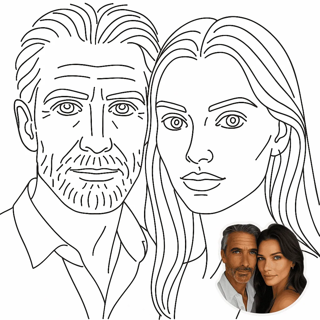 A black and white line drawing of a man with short hair and a beard next to a woman with long hair. In the corner, there's a small circular photo—perfect for premium photo booth hire or adding flair to any corporate event experiential.