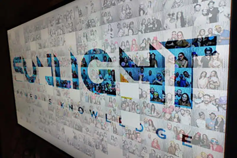 Individual guest photographs form a larger branded image in the Digital Mosaic example.