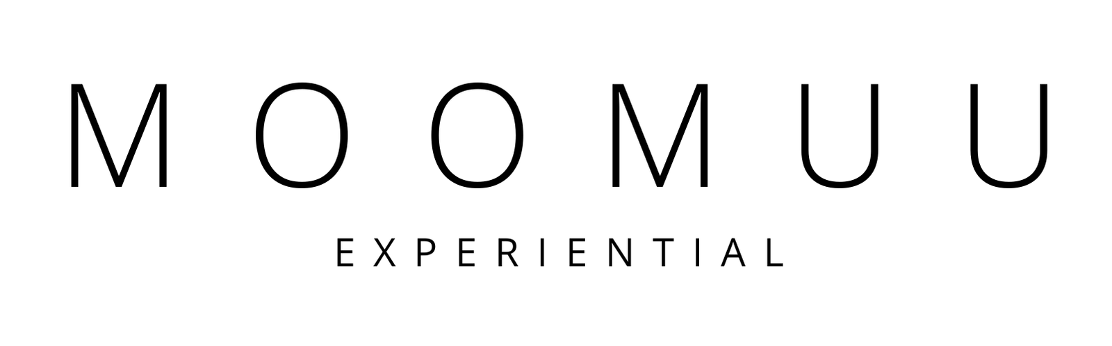 The image displays the word "MOOMUU" in large, thin black letters, with the word "EXPERIENTIAL" in smaller uppercase letters underneath, all on a light grey background.