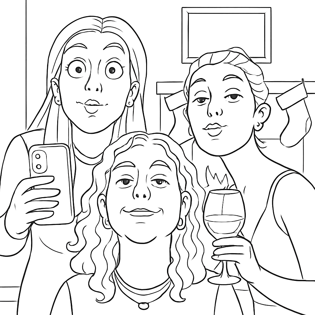 Three women pose for a selfie at what appears to be a festive indoor gathering, stockings hanging in the background. One holds a wine glass—perfect inspiration for a corporate event experiential or to capture with our graffiti wall hire service.