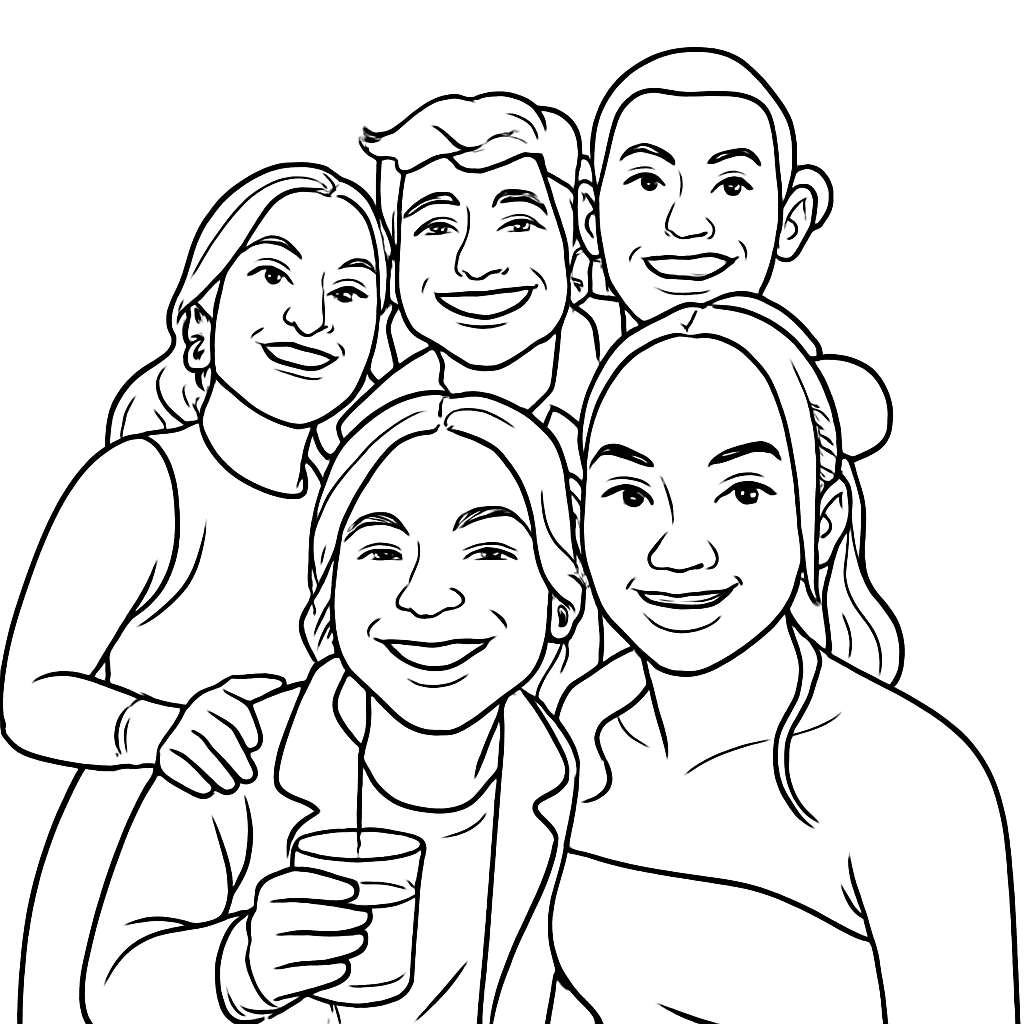 A group of five people smiling and posing closely together for a photo, with one in front holding a drink. They all appear happy and friendly in this black-and-white line drawing—perfect for corporate event experiential or sketch bot hire promotions.