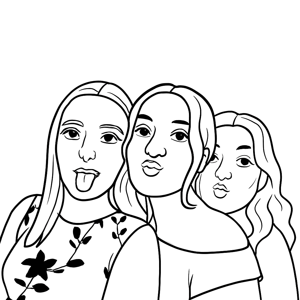 A black-and-white line drawing of three young women posing closely together, styled as if snapped at a premium photo booth hire. The woman on the left sticks out her tongue; the others pull duck faces and wear off-the-shoulder tops.