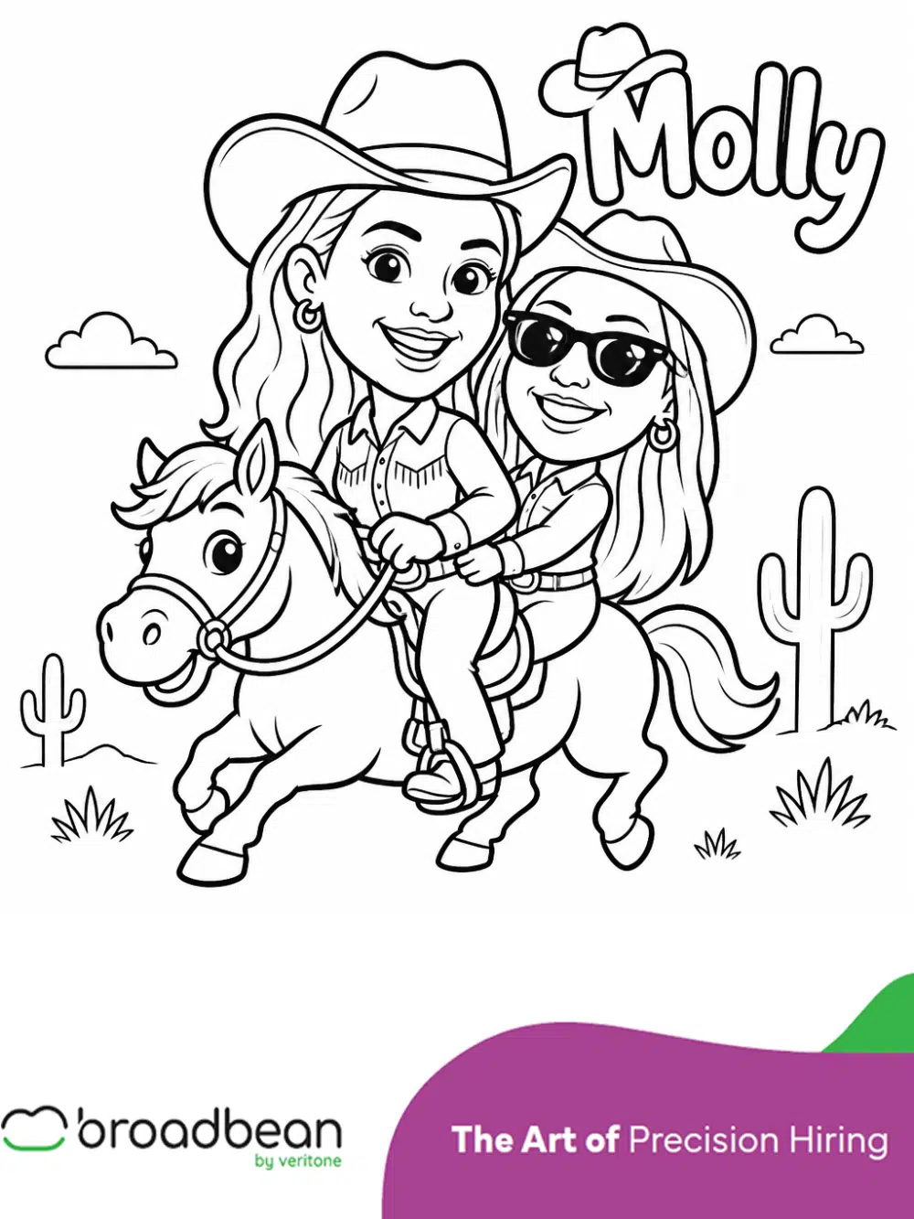 Western-themed AI portrait of two women on horseback created for Broadbean by Veritone.