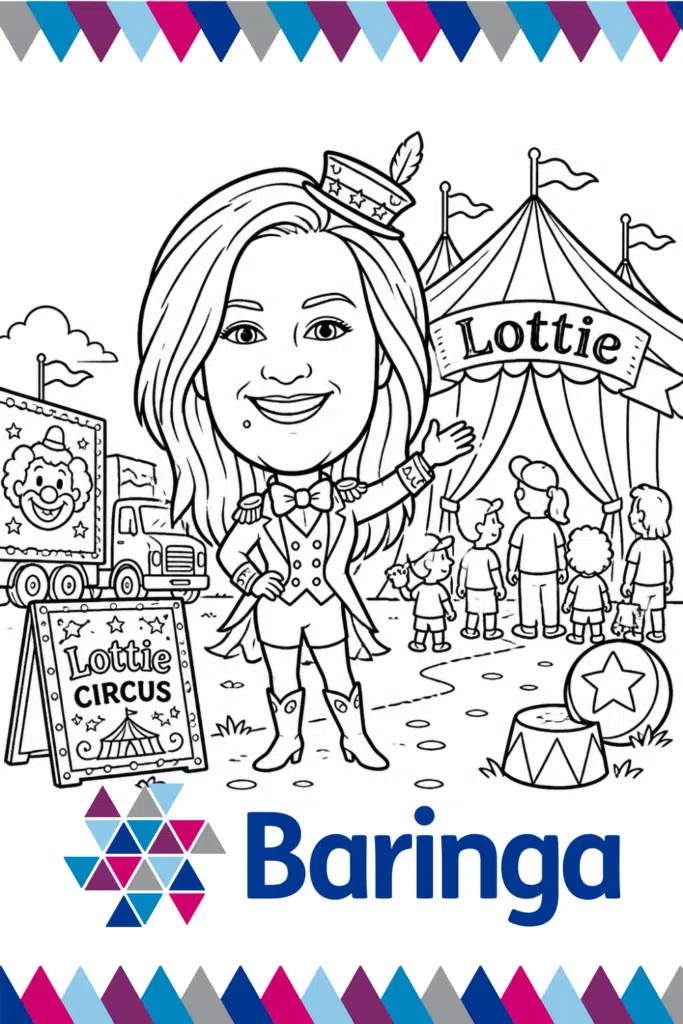 Circus-themed personalised portrait created by a MooMuu AI Sketch Bot.