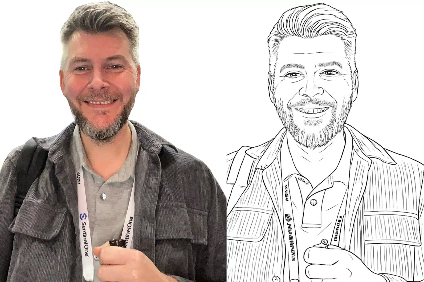 A guest photograph beside its AI Sketch Bot line portrait.