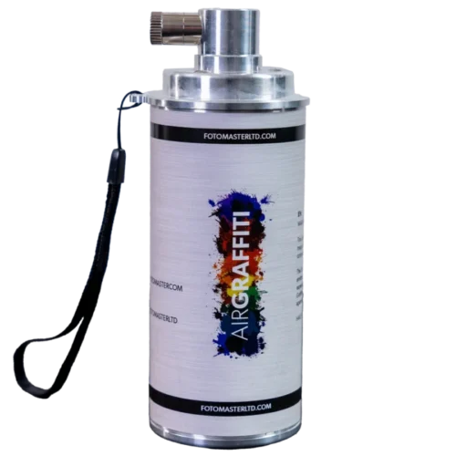 A metallic canister labelled "AirGraffiti", featuring a colourful paint splash design, a black wrist strap, and a nozzle at the top—perfect for corporate event experiential or sketch bot hire activations.