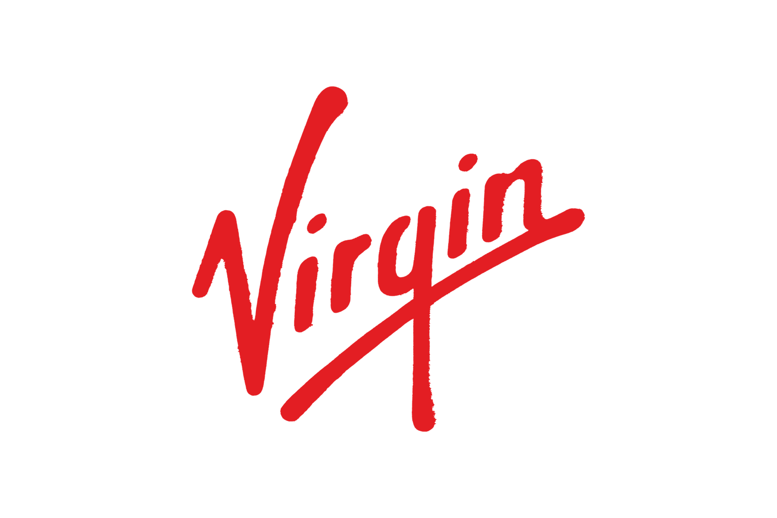 The image shows the Virgin logo, featuring the word "Virgin" in bold, red, cursive lettering on a white background—perfect branding for an experiential photo booth or experiential photo marketing campaign.