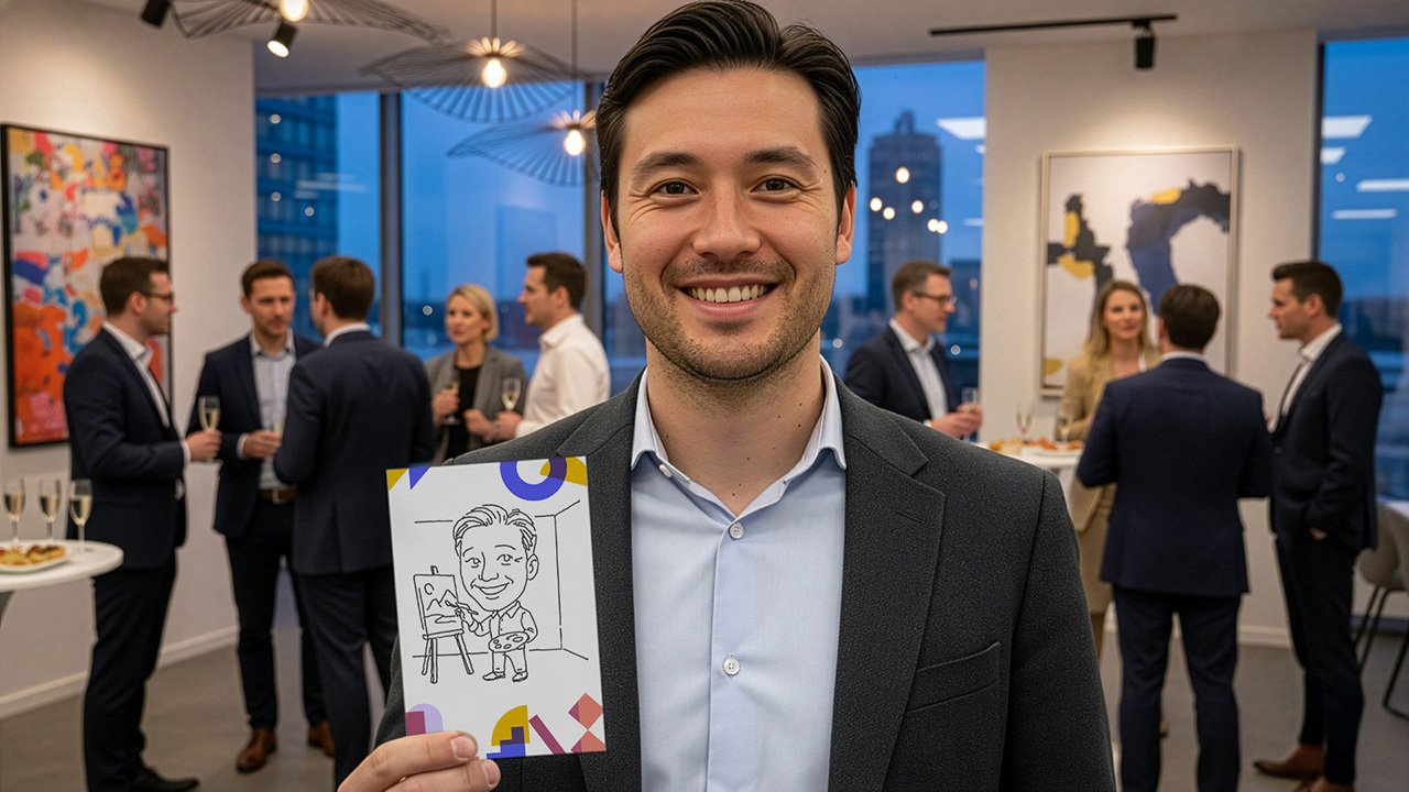 A smiling man in business attire holds a caricature of himself at an art gallery event, with groups socialising and drinks in hand. Colourful artwork hangs on the walls, creating a lively scene perfect for draw me bot hire or sketch bot hire services.
