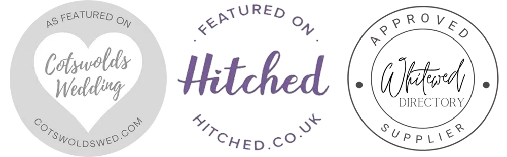 Three circular wedding supplier badges read: "As featured on Cotswolds Wedding," "Featured on Hitched," and "Approved Supplier Whitered Directory." Each badge includes a unique logo, website address, and a photo experiential touch.