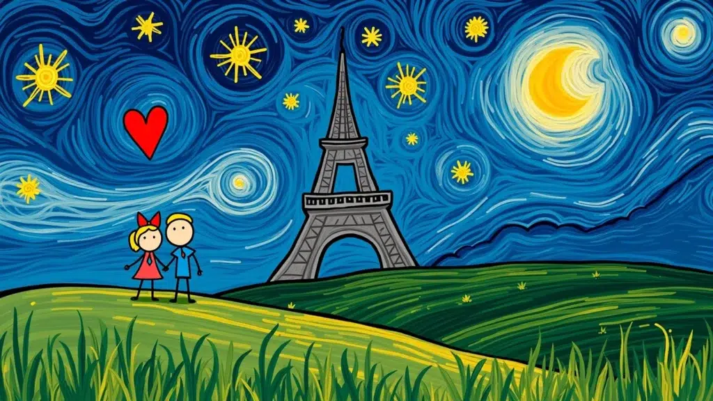 A colourful, whimsical sketch features two stick figures holding hands near the Eiffel Tower, with a large red heart above them and a starry night sky inspired by Van Gogh’s “Starry Night.” Perfect for graffiti wall hire or premium photo booth hire events.
