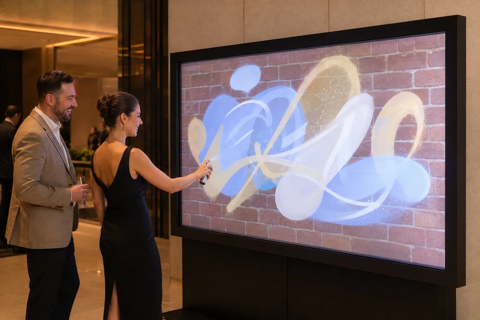Illustrative concept of guests using MooMuu’s AI Graffiti Wall at an elegant event