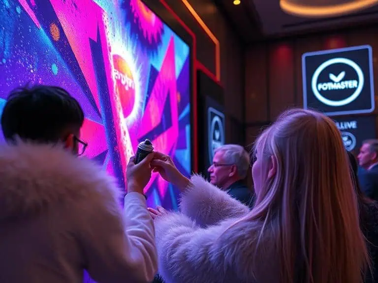 Two people in winter coats spray paint a vibrant mural at a corporate event experiential, whilst others watch. Neon lights and digital screens create a lively, creative atmosphere alongside premium photo booth hire.