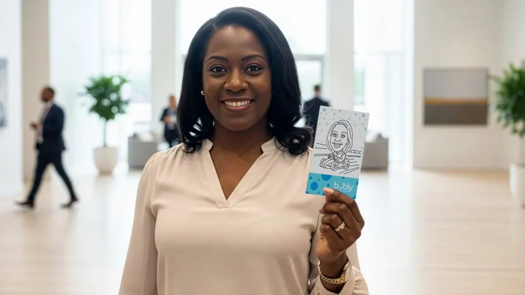 A smiling woman in a light blouse holds up a card with a black-and-white cartoon portrait of herself. She stands in a bright, modern lobby at a corporate event experiential, with people and large potted plants in the background.