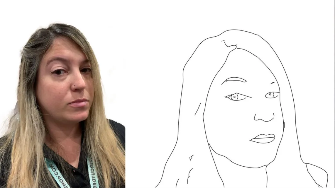 Guest photograph beside the line portrait produced by an AI Sketch Bot.