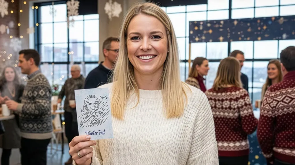 A woman in a cream jumper smiles, holding a drawing of herself at a festive indoor gathering with patterned jumpers and snowflake decorations—perfect for corporate event experiential or draw me bot hire.